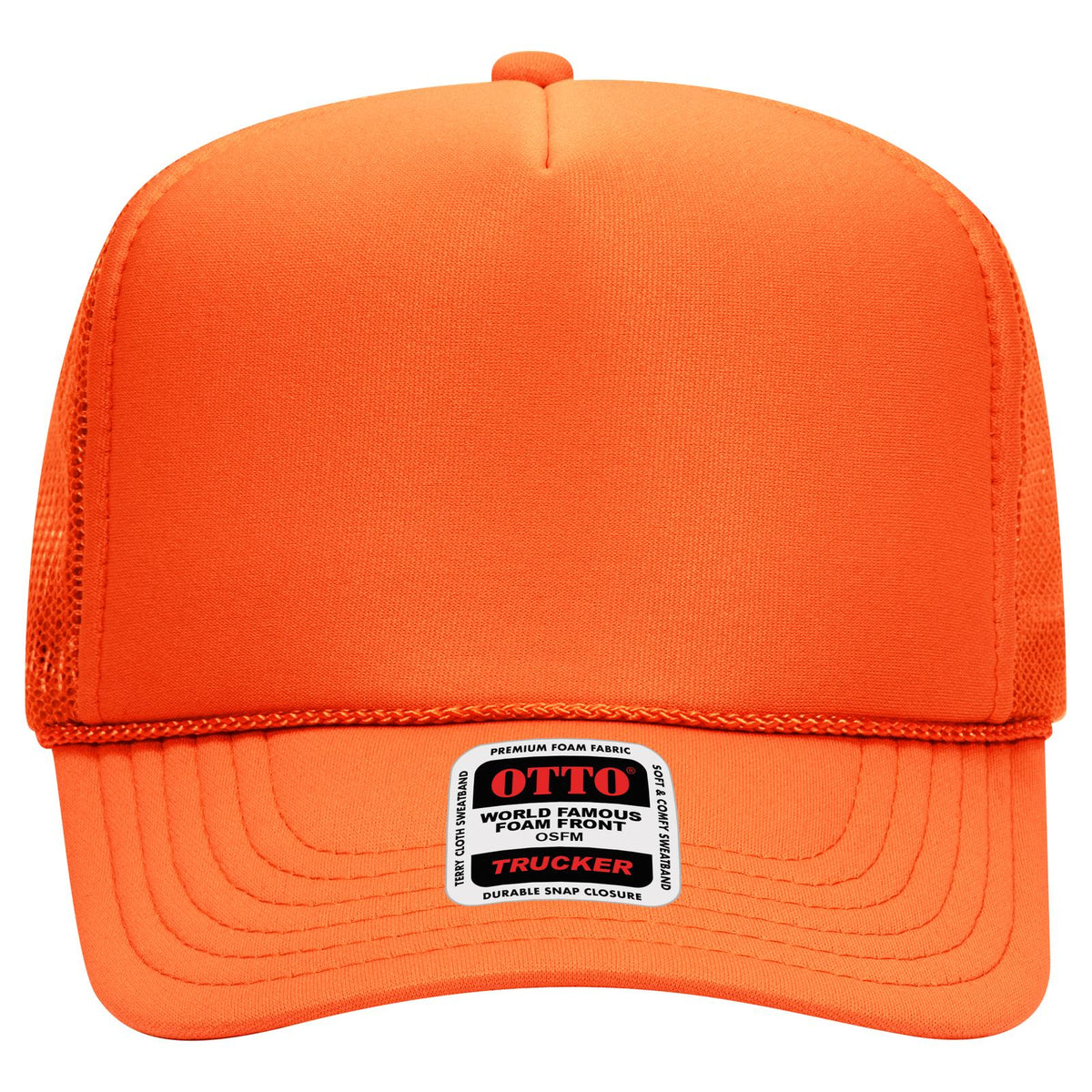 Front View of 062 - Orange OTTO CAP 5 Panel High Crown Mesh Back Trucker Hat