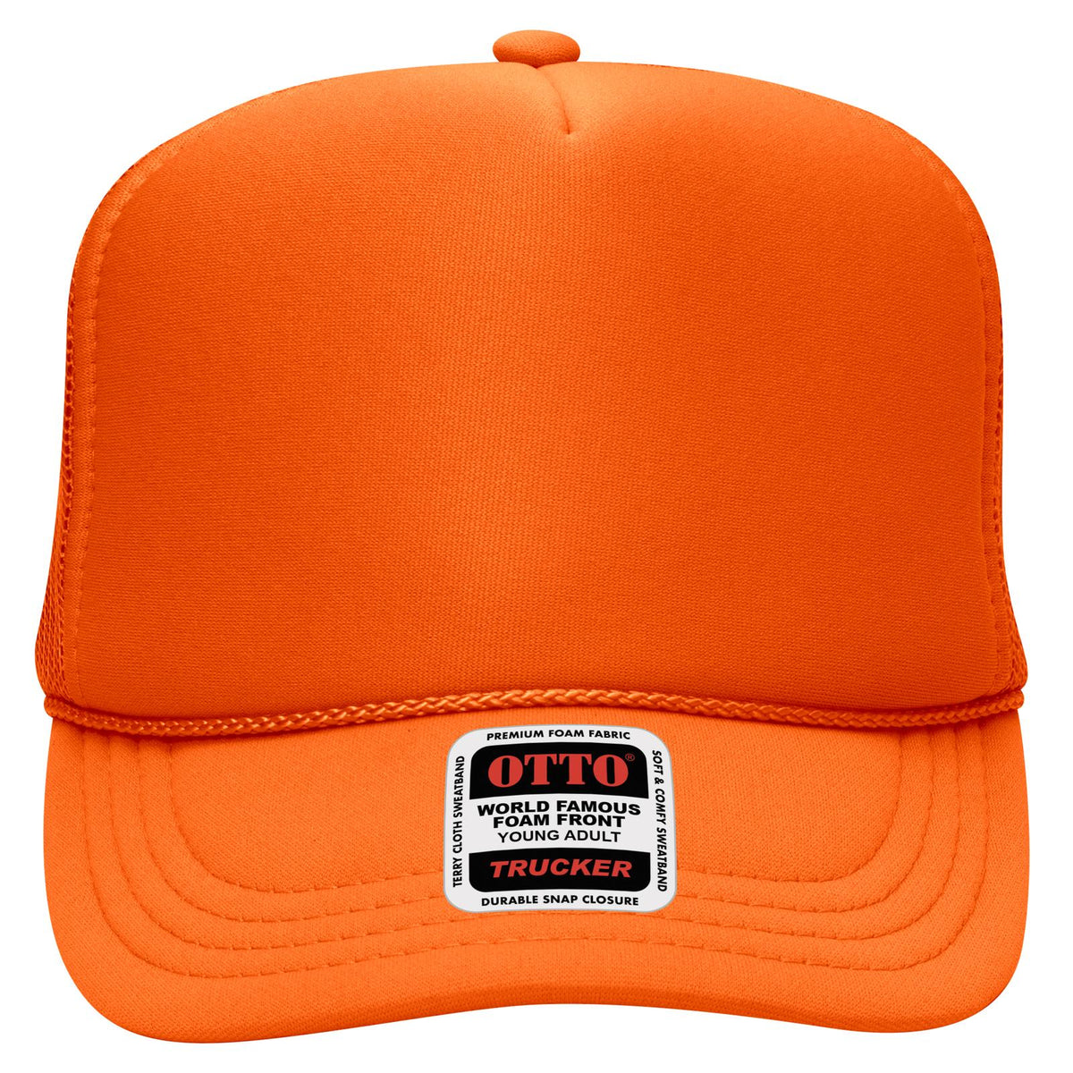 Front View of 062 - Orange OTTO CAP 5 Panel High Crown Mesh Back Trucker Hat