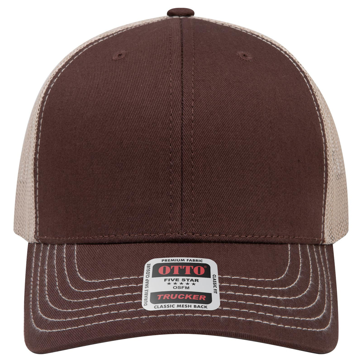 Front View of 070732 - Brn/Brn/Kha OTTO CAP 6 Panel Mid Profile Mesh Back Trucker Hat