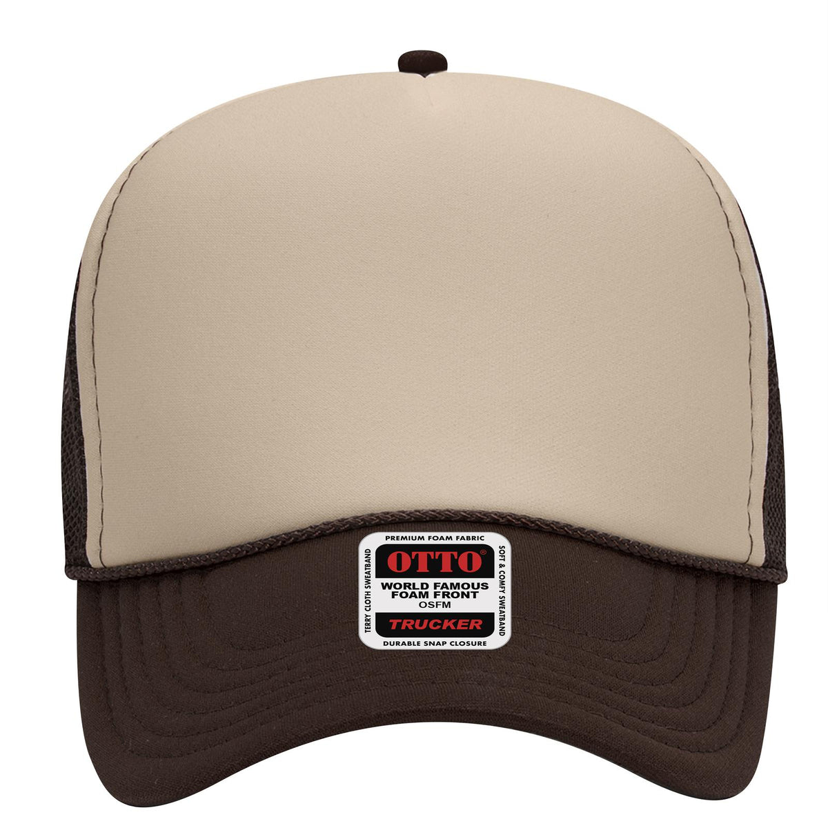 Front View of 071507 - Brn/Tan/Brn OTTO CAP 5 Panel Mid Profile Mesh Back Trucker Hat