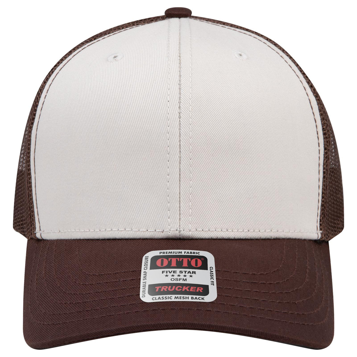 Front View of 073107 - Brn/Natrl/Brn OTTO CAP 6 Panel Mid Profile Mesh Back Trucker Hat