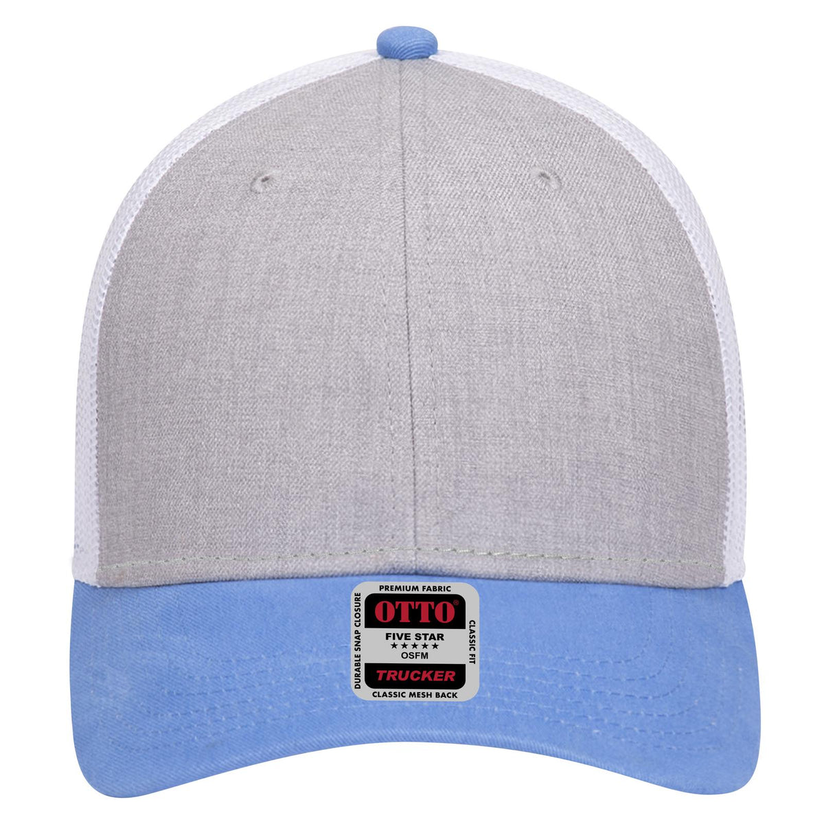Front View of 087416 - ColombianBlue/HeatherGray/White OTTO CAP 6 Panel Low Profile Mesh Back Trucker Hat