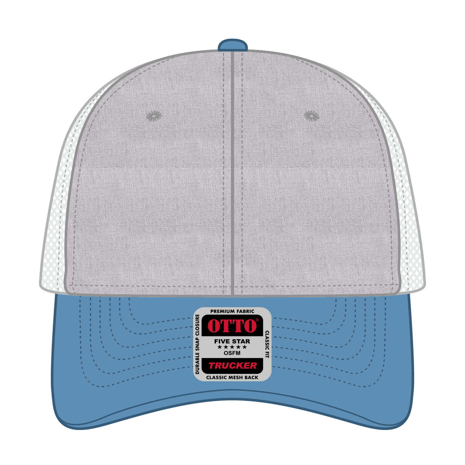 Front View of 087416 - ColombianBlue/HeatherGray/White OTTO CAP 6 Panel Low Profile Mesh Back Trucker Hat