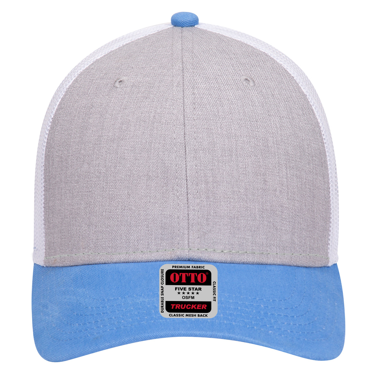 Front View of 087416 - ColombianBlue/HeatherGray/White OTTO CAP 6 Panel Low Profile Mesh Back Trucker Hat
