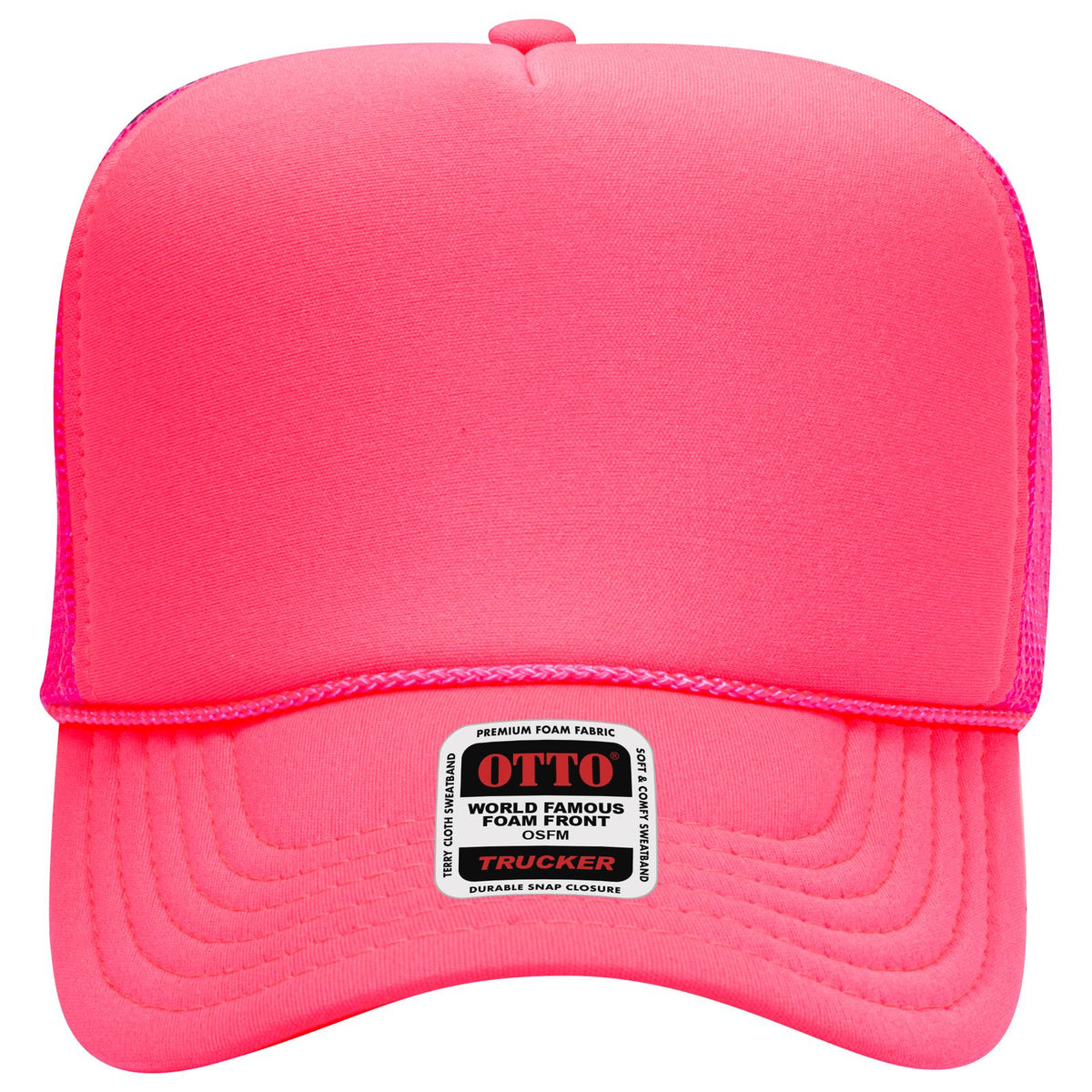 Front View of 089 - N. Pink OTTO CAP 5 Panel High Crown Mesh Back Trucker Hat