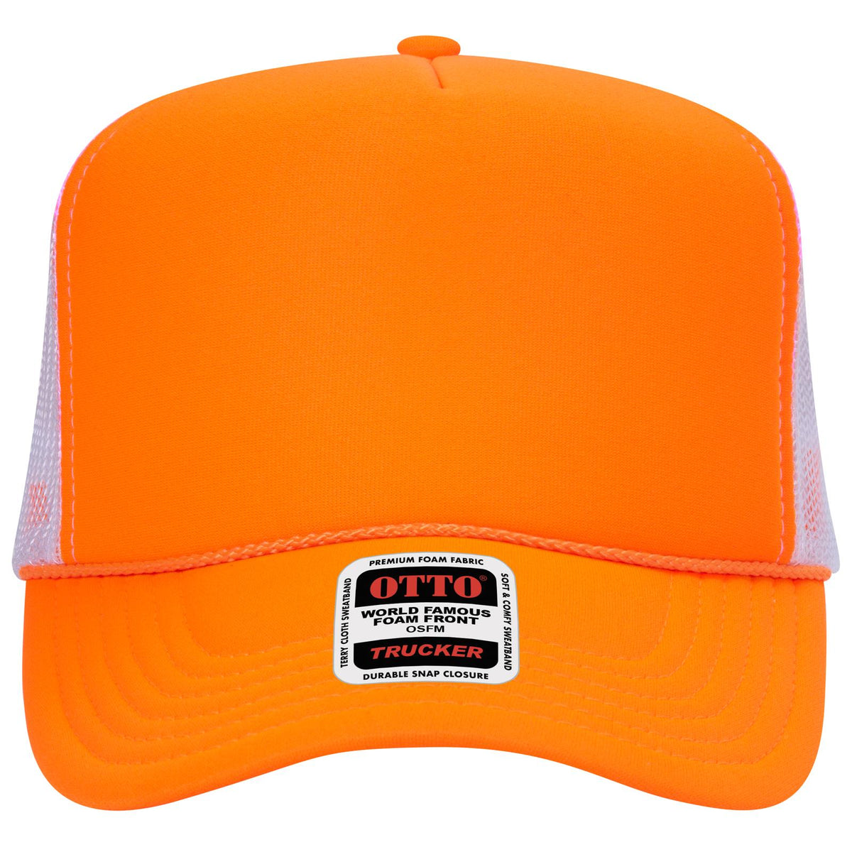 Front View of 090916 - N Org/N Org/Wht OTTO CAP 5 Panel High Crown Mesh Back Trucker Hat