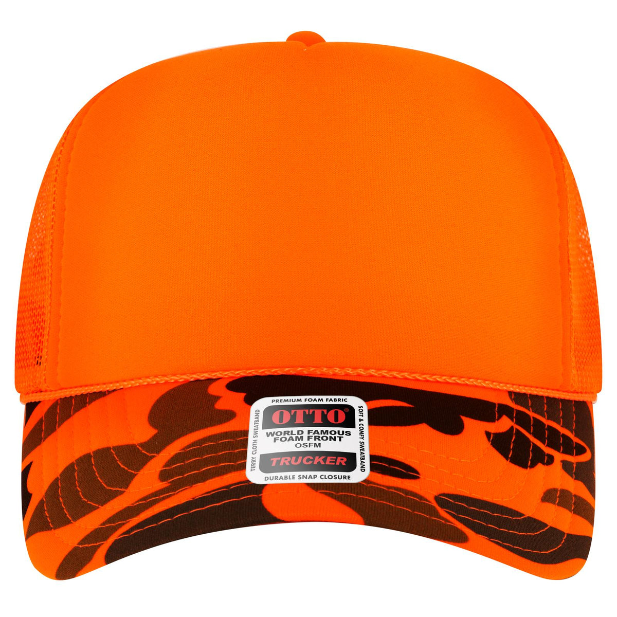 Front View of 0909CPA - N.Org/Camo OTTO CAP 5 Panel High Crown Mesh Back Trucker Hat