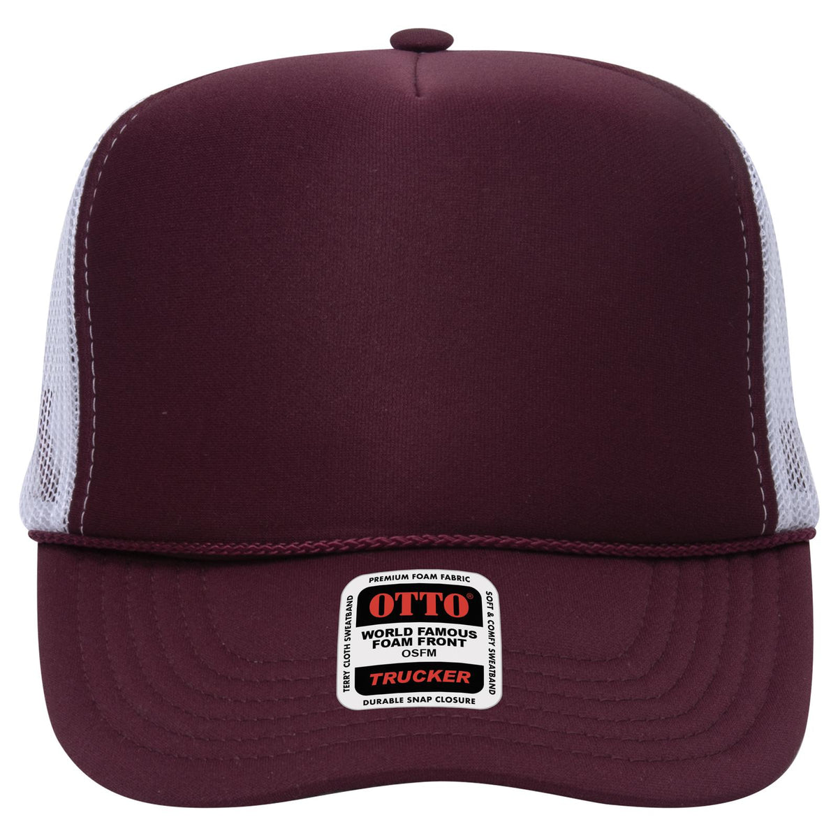 Front View of 101016 - Mrn/Mrn/Wht OTTO CAP 5 Panel High Crown Mesh Back Trucker Hat