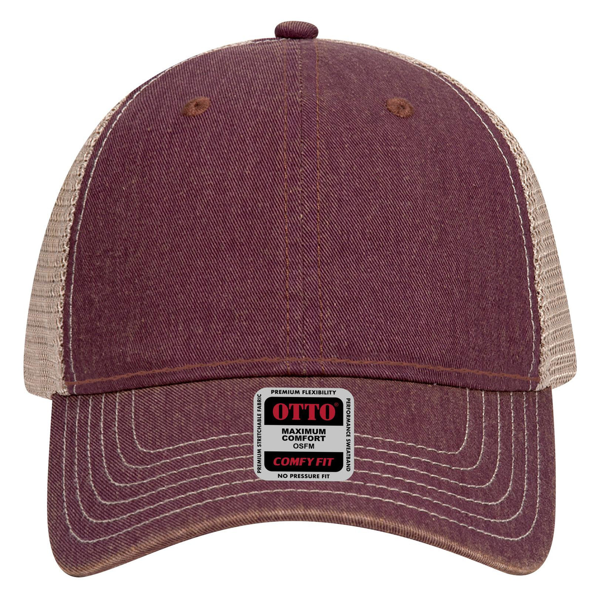Front View of 101032 - Marn/Marn/Kha OTTO CAP 6 Panel Low Profile Mesh Back Trucker Dad Hat