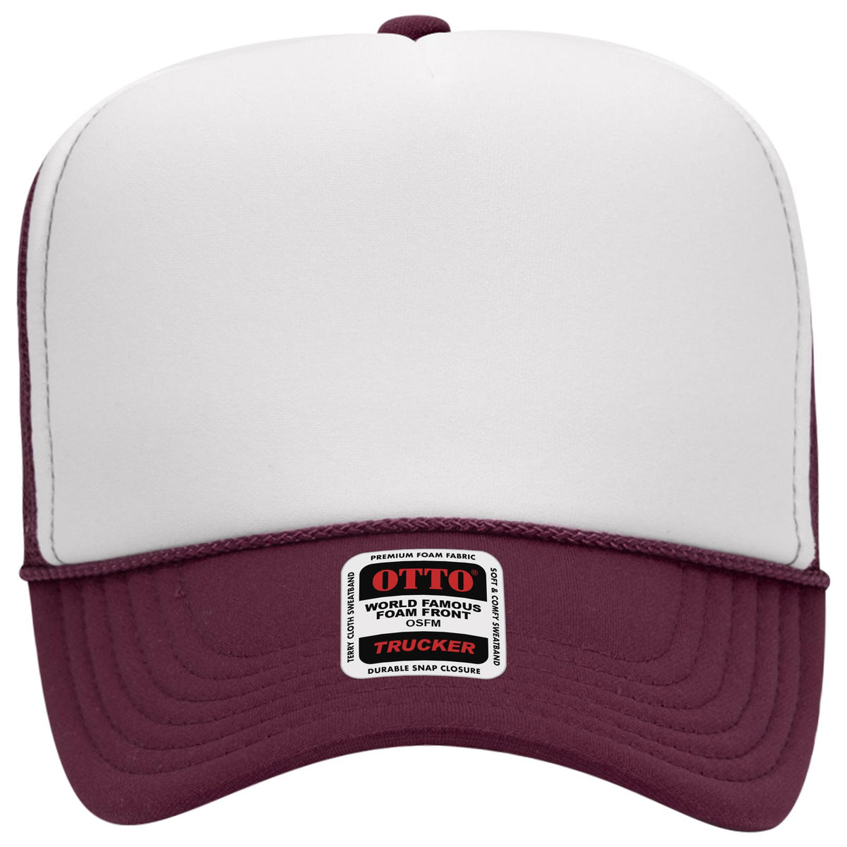 Front View of 101610 - Mrn/Wht/Mrn OTTO CAP 5 Panel High Crown Mesh Back Trucker Hat