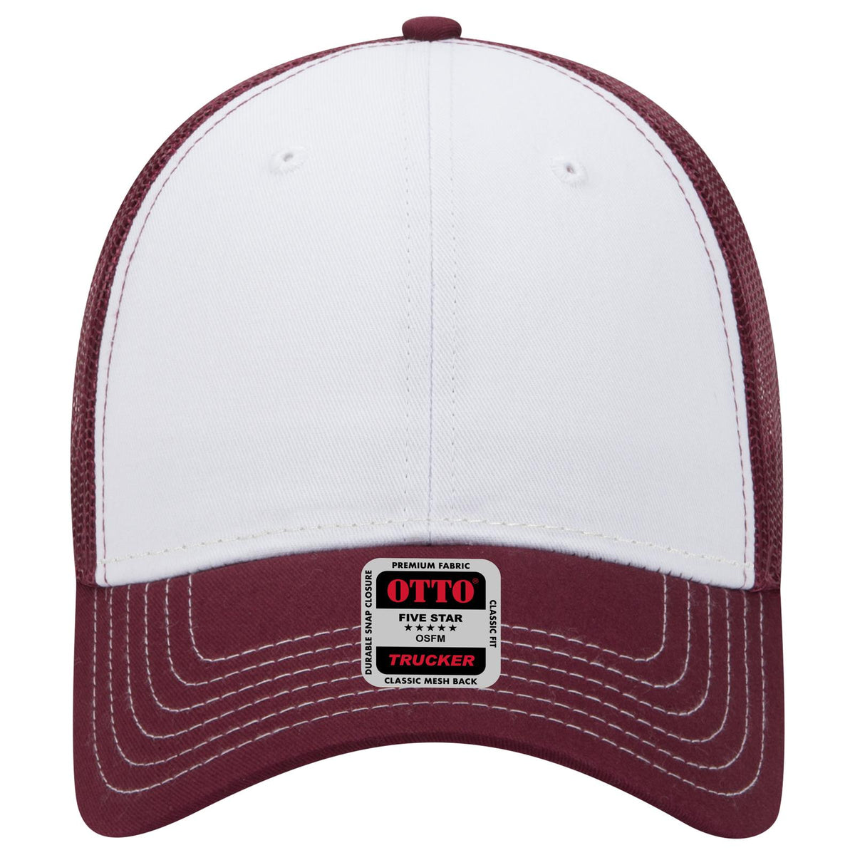 Front View of 101610 - Mrn/Wht/Mrn OTTO CAP 6 Panel Low Profile Mesh Back Trucker Hat