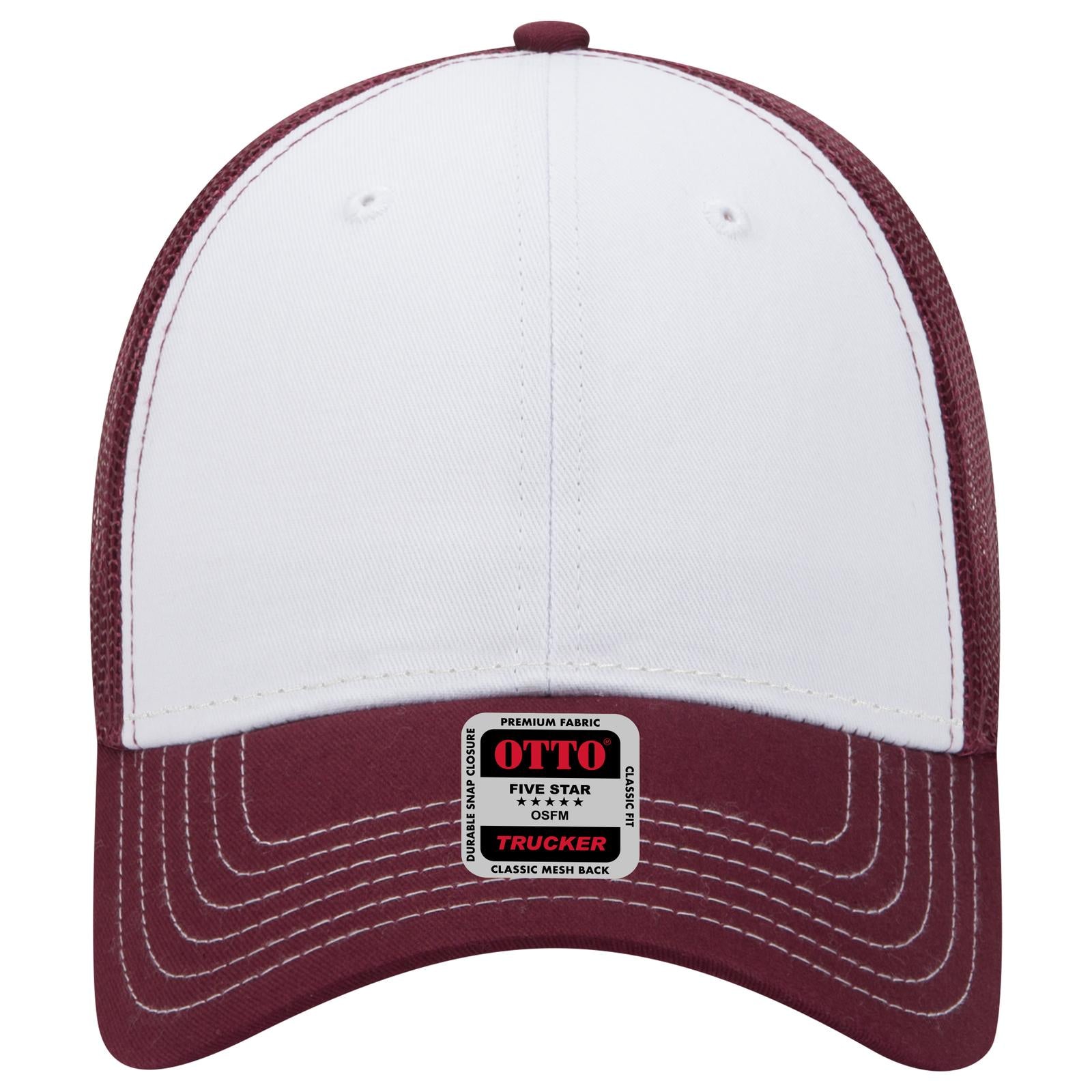 Front View of 101610 - Mrn/Wht/Mrn OTTO CAP 6 Panel Low Profile Mesh Back Trucker Hat