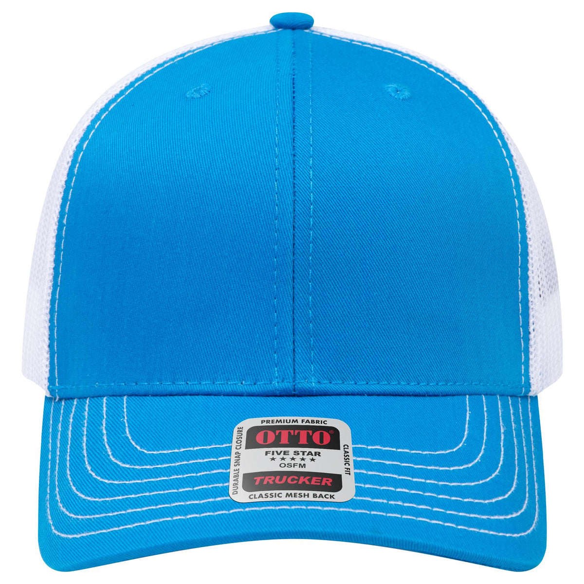 Front View of 10410416 - Lk.Blue/Lk.Blue/Wht OTTO CAP 6 Panel Mid Profile Mesh Back Trucker Hat