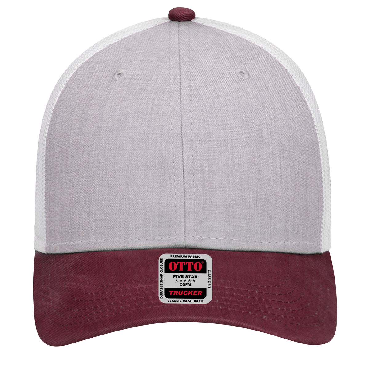 Front View of 107416 - Maroon/HeatherGray/White OTTO CAP 6 Panel Low Profile Mesh Back Trucker Hat