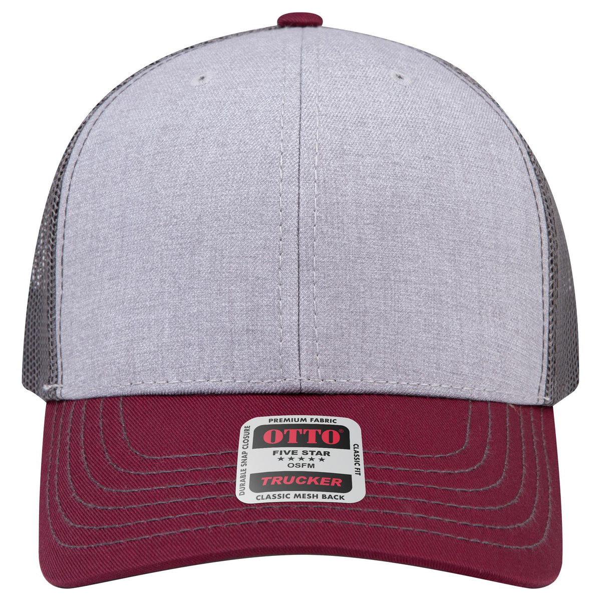 Front View of 107425 - Mrn/H.Gry/Ch.Gry OTTO CAP 6 Panel Mid Profile Mesh Back Trucker Hat