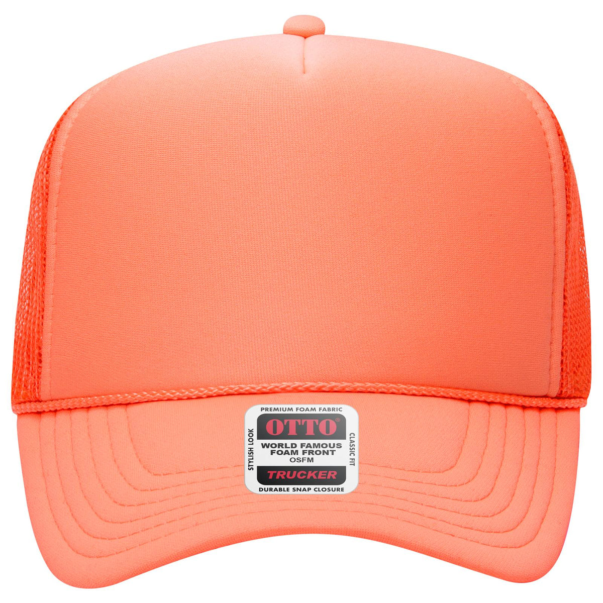 Front View of 110 - Coral OTTO CAP 5 Panel High Crown Mesh Back Trucker Hat