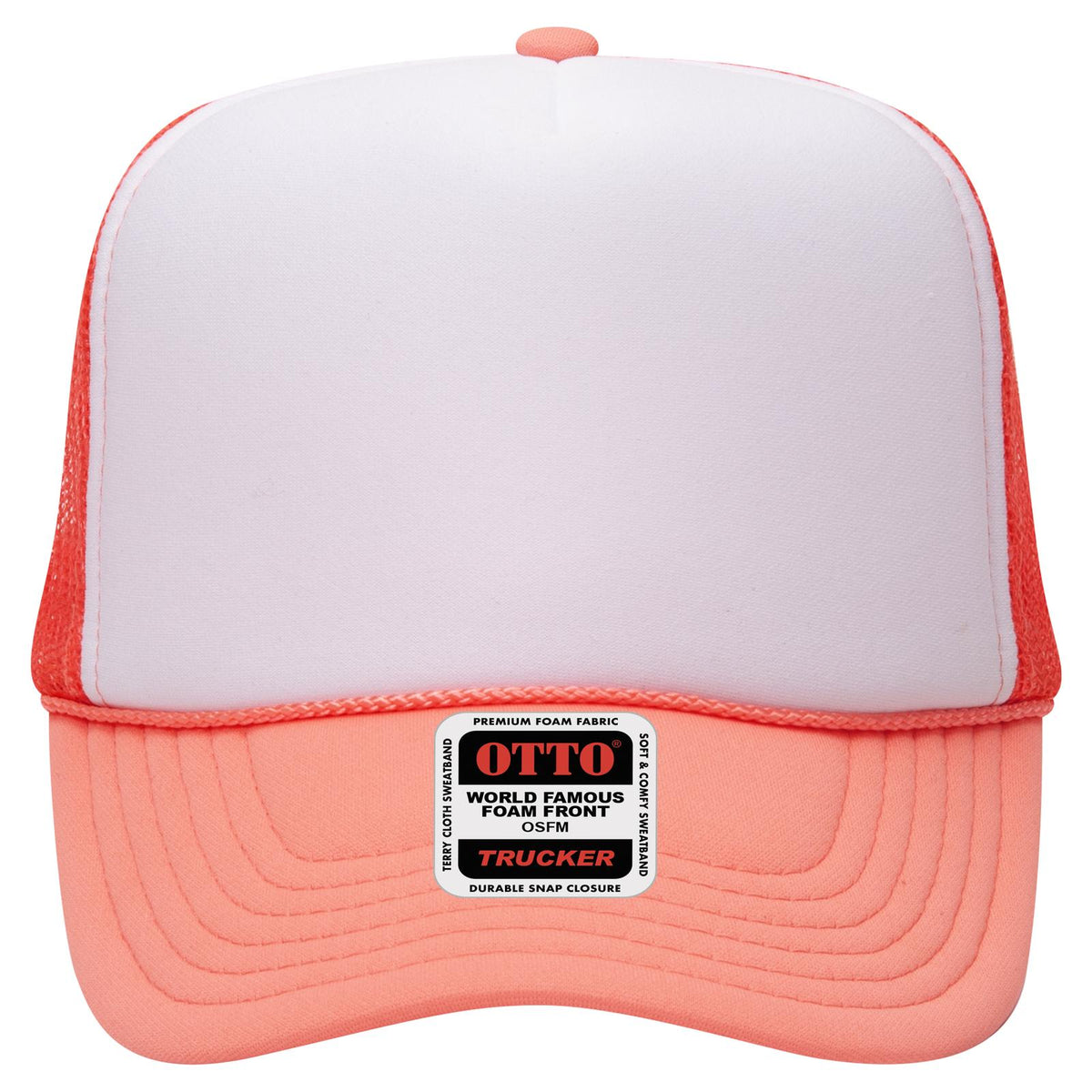 Front View of 11016110 - Crl/Wht/Crl OTTO CAP 5 Panel High Crown Mesh Back Trucker Hat