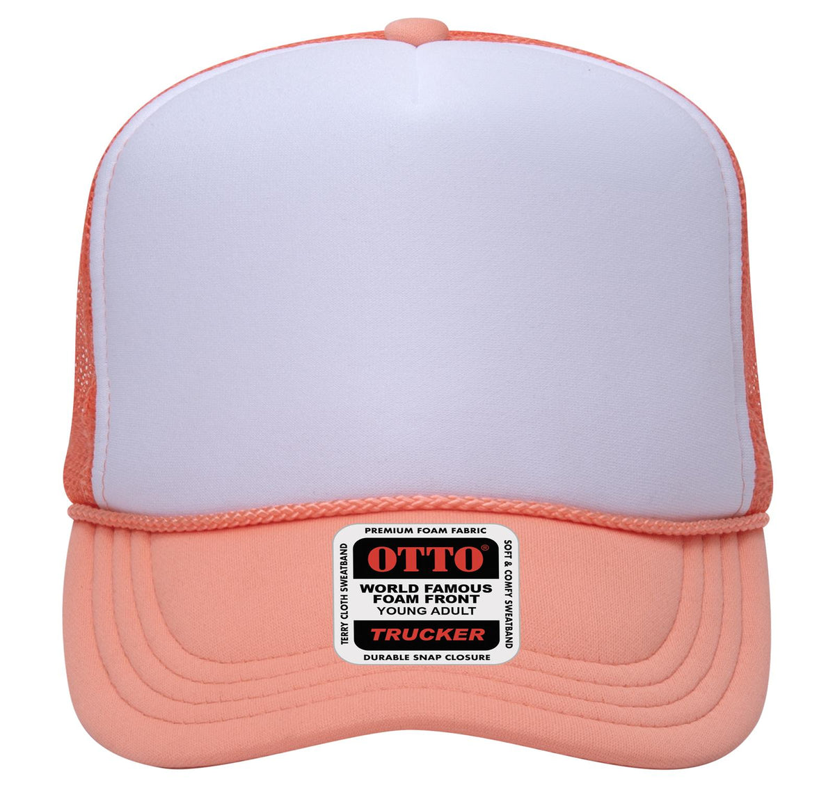 Front View of 11016110 - Crl/Wht/Crl OTTO CAP 5 Panel High Crown Mesh Back Trucker Hat