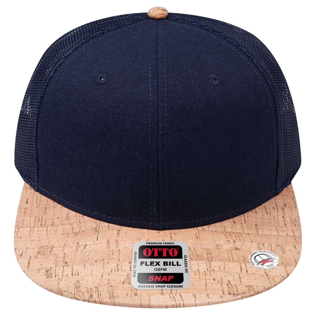 Front View of 11204 - Cork/Nvy OTTO CAP "OTTO SNAP" 6 Panel Pro Style Mesh Back Trucker Snapback Hat