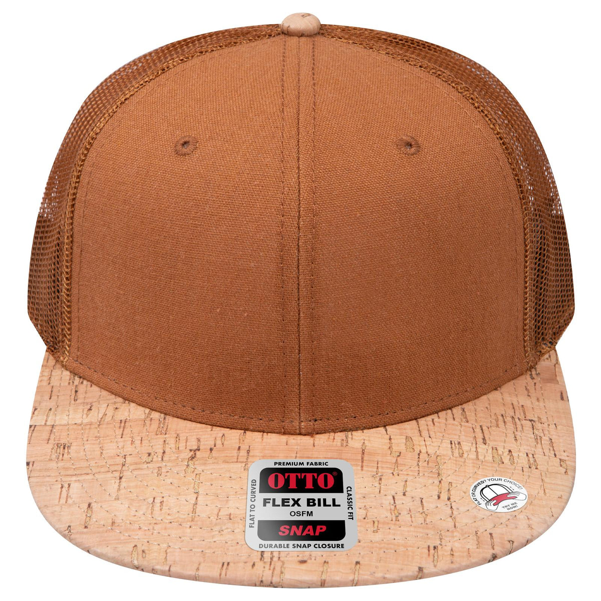 Front View of 11284 - Cork/Cy Brn OTTO CAP "OTTO SNAP" 6 Panel Pro Style Mesh Back Trucker Snapback Hat