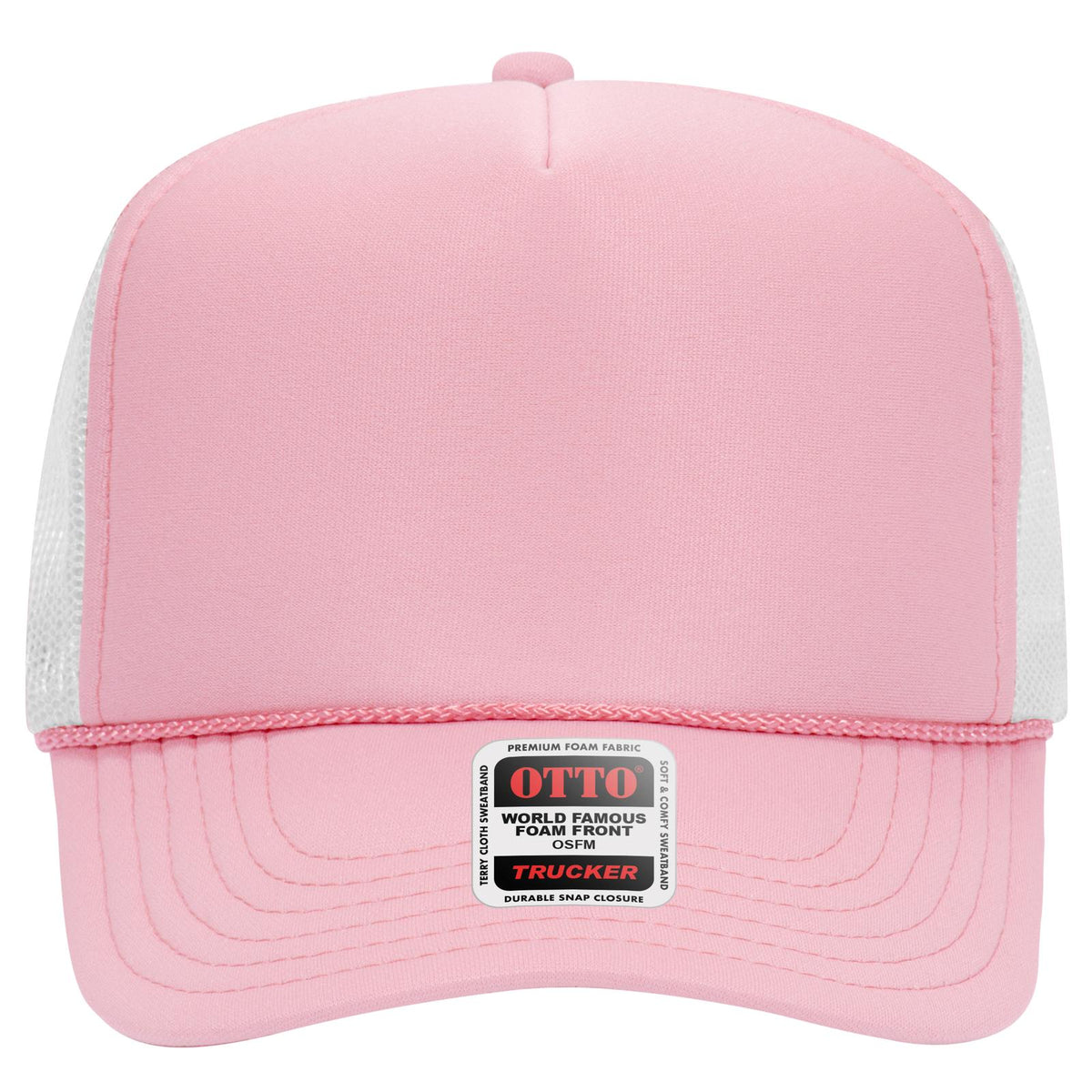 Front View of 121216 - S.Pnk/S.Pnk/Wht OTTO CAP 5 Panel High Crown Mesh Back Trucker Hat