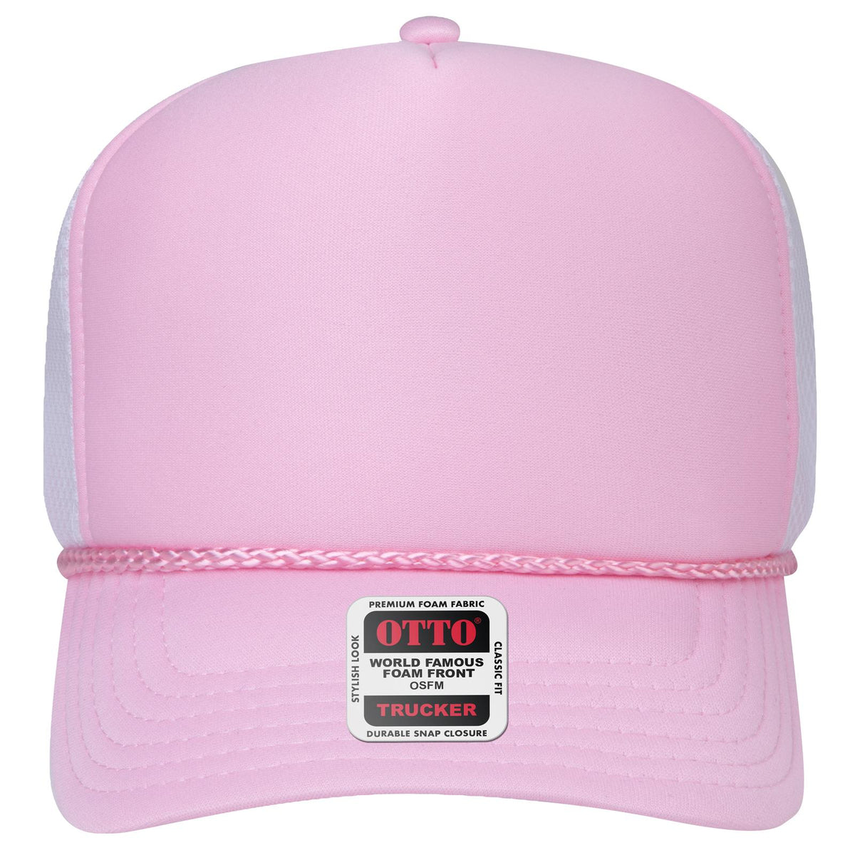 Front View of 121216C - S.Pnk/S.Pnk/Wht OTTO CAP 5 Panel High Crown Air Mesh Back Trucker Hat
