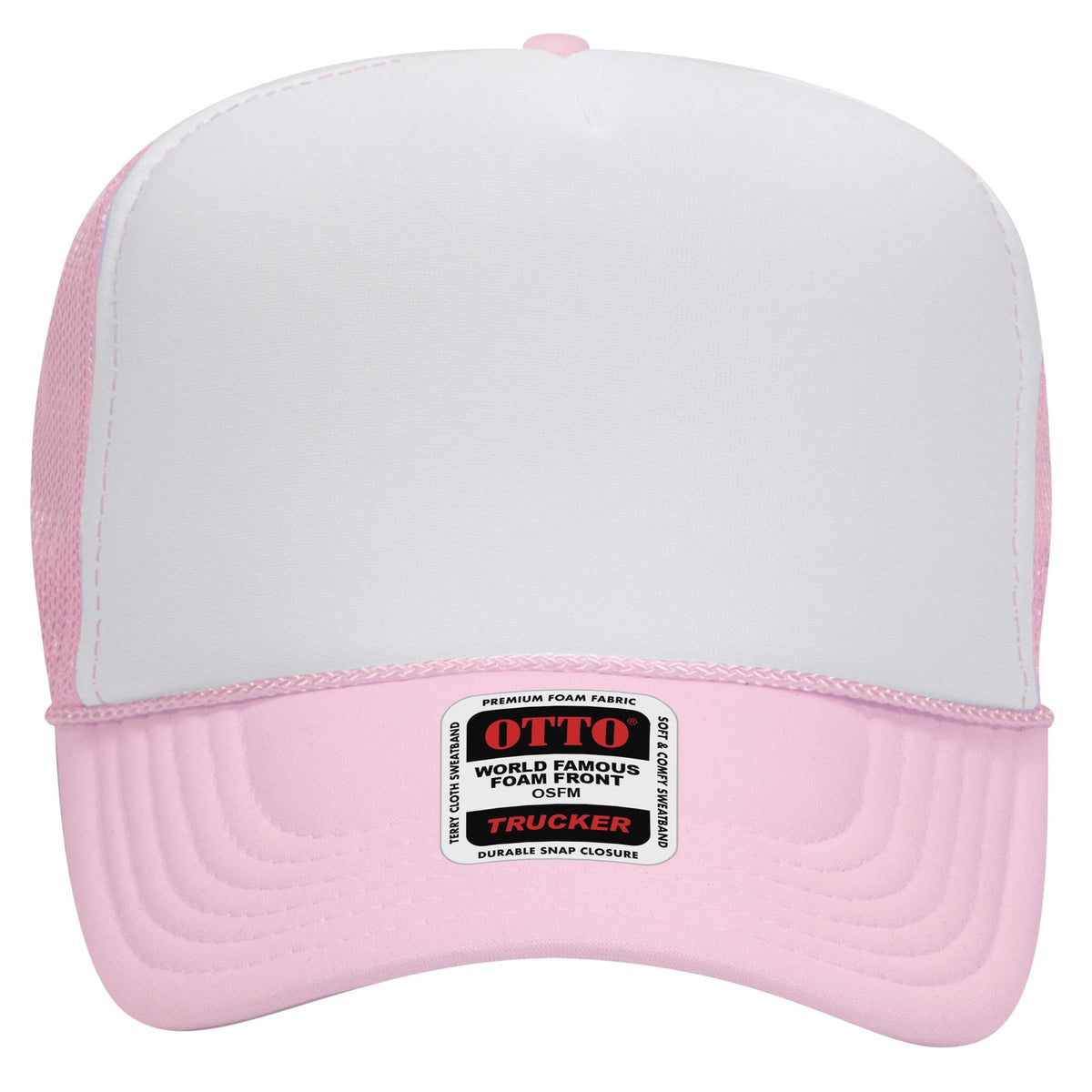 Front View of 121612 - S.Pnk/Wht/S.Pnk OTTO CAP 5 Panel High Crown Mesh Back Trucker Hat