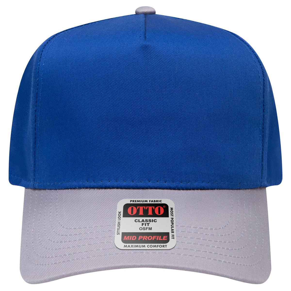 Front View of 1401 - Gry/Ryl OTTO CAP 5 Panel Mid Profile Baseball Cap