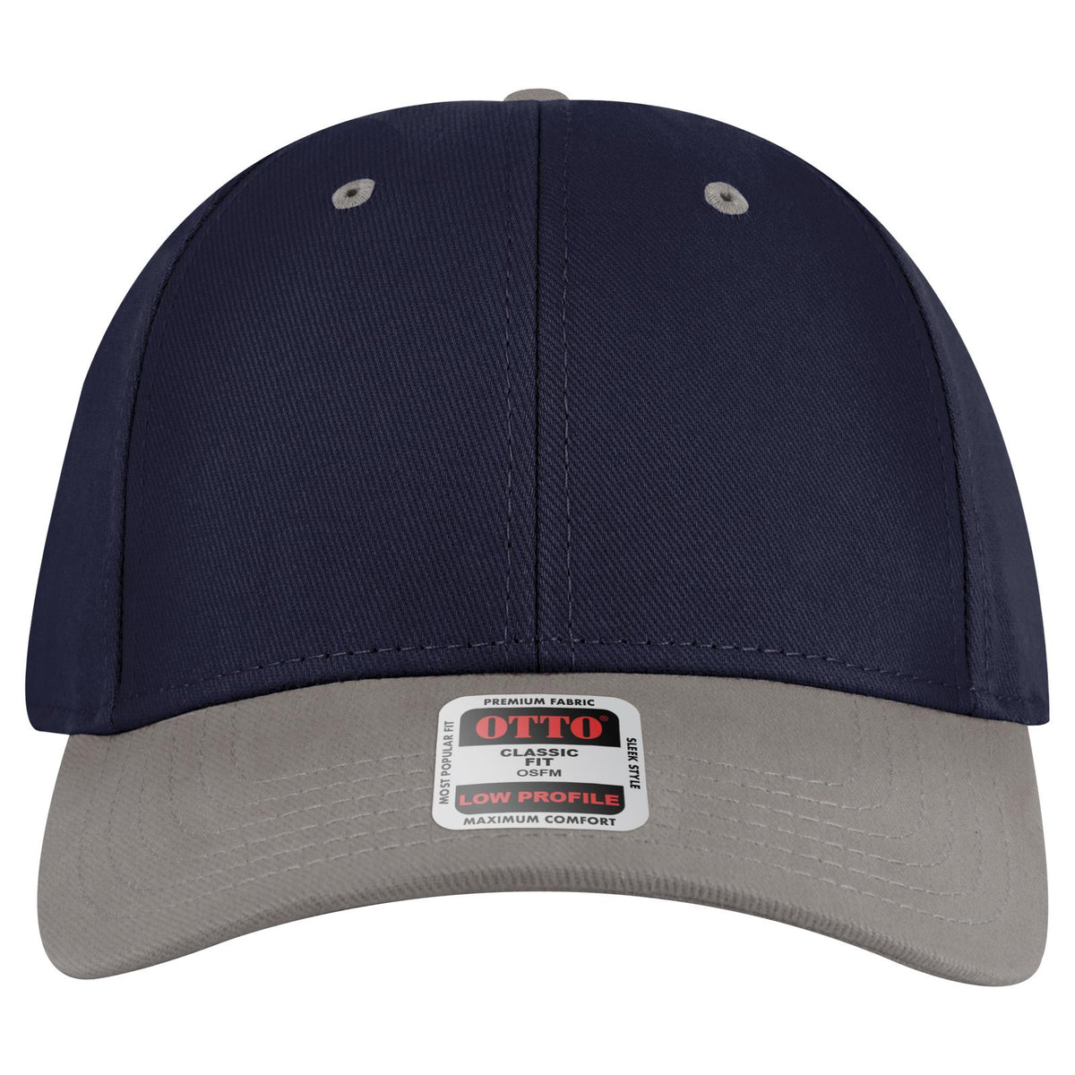 Front View of 1404 - Gry/Nvy OTTO CAP 6 Panel Low Profile Baseball Cap