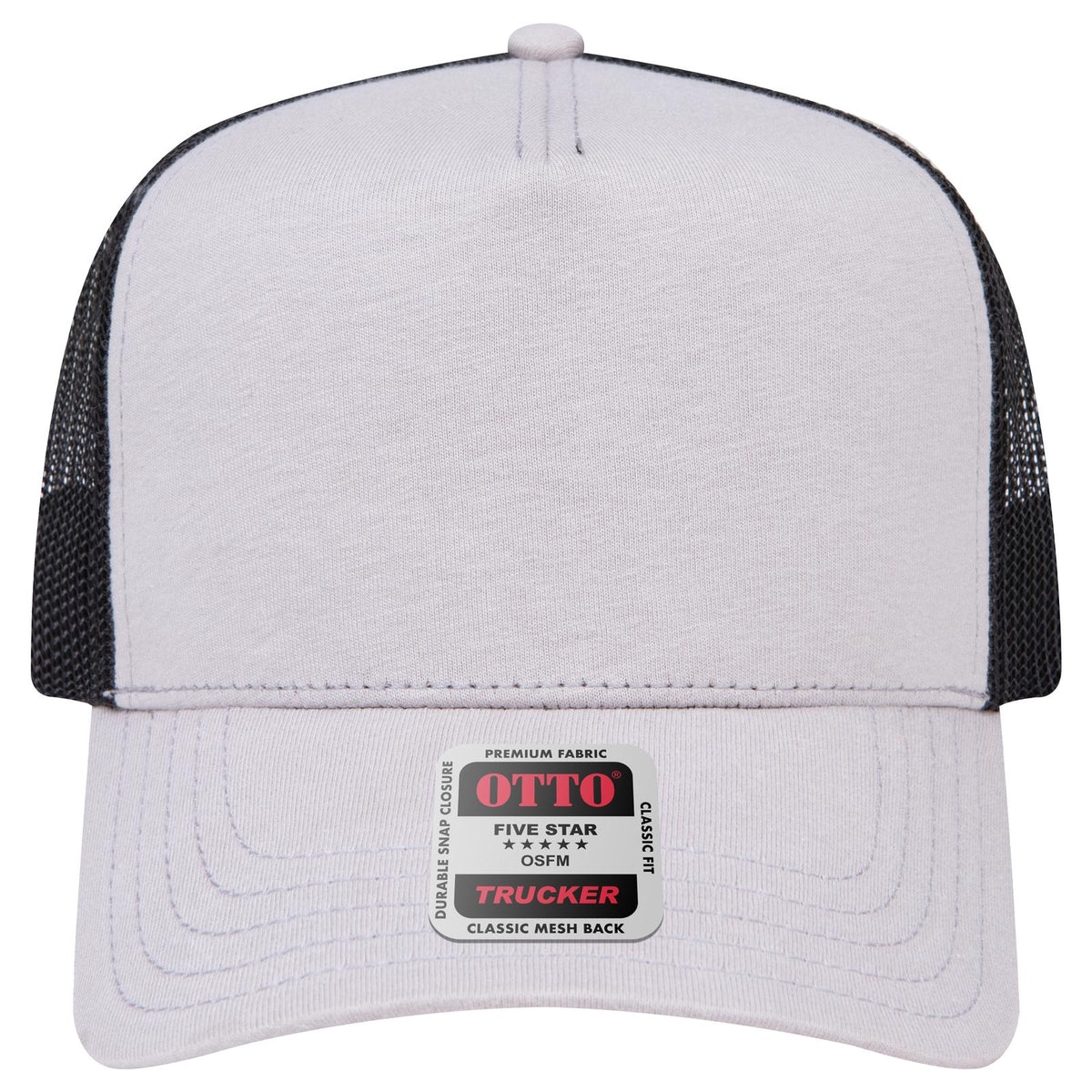 Front View of 141403 - Gry/Gry/Blk OTTO CAP 5 Panel Mid Profile Mesh Back Trucker Hat