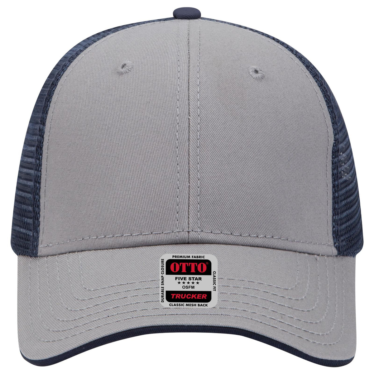 Front View of 141404 - Gry/Gry/Nvy OTTO CAP 6 Panel Low Profile Mesh Back Trucker Hat