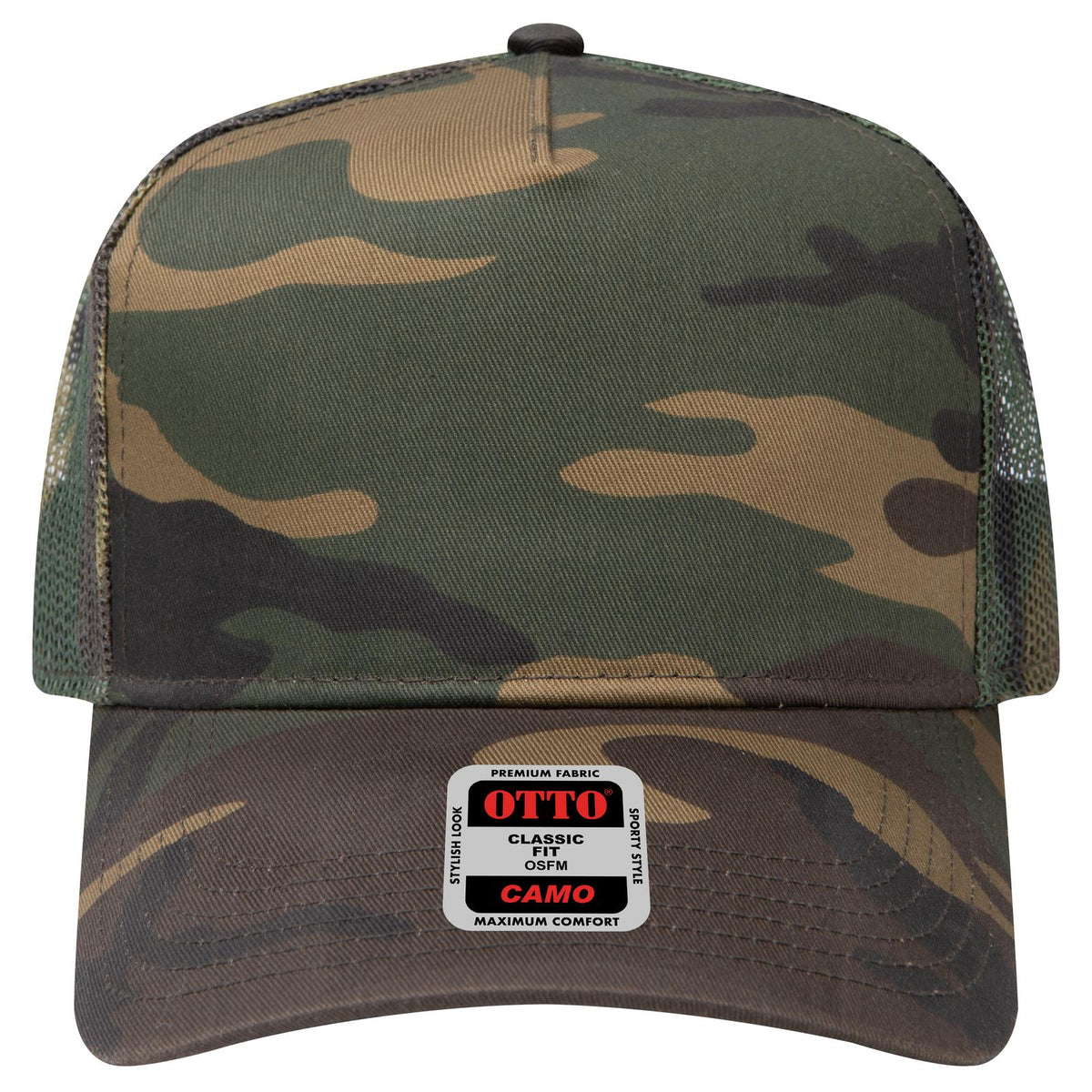 Front View of 1707 - Dk.Grn/Brn OTTO CAP Camouflage 5 Panel Mid Profile Mesh Back Trucker Hat