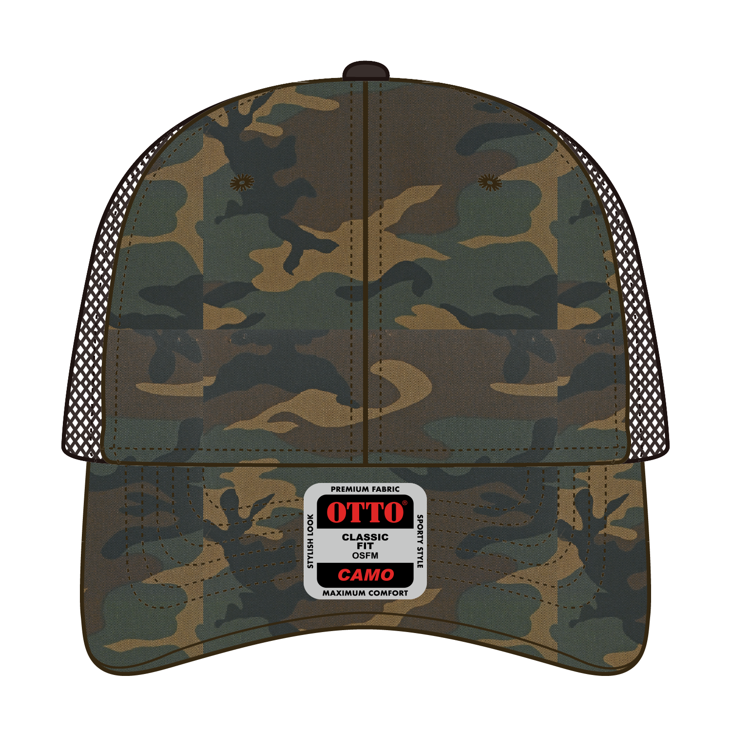 Front View of 170739 - Dk.Grn/Brn/Dk.Brn OTTO CAP Camouflage 6 Panel Low Profile Mesh Back Trucker Hat
