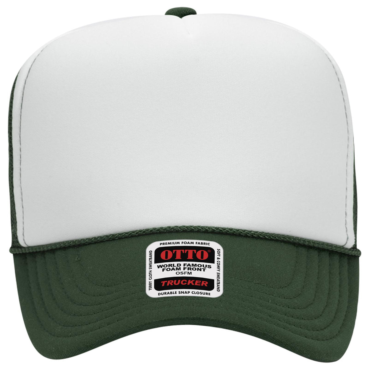 Front View of 171617 - Dk.Grn/Wht/Dk.Grn OTTO CAP 5 Panel High Crown Mesh Back Trucker Hat