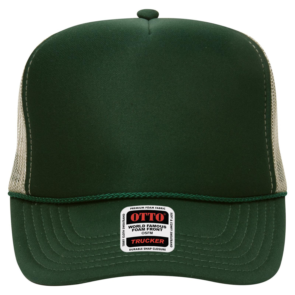 Front View of 171732 - Dk.Grn/Dk.Grn/Kha OTTO CAP 5 Panel High Crown Mesh Back Trucker Hat