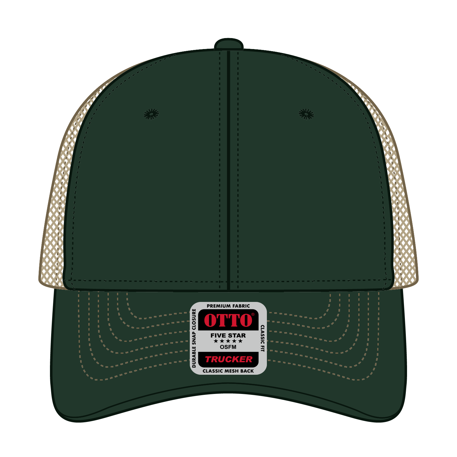 Front View of 171732 - Dk.Grn/Dk.Grn/Kha OTTO CAP 6 Panel Low Profile Mesh Back Trucker Hat