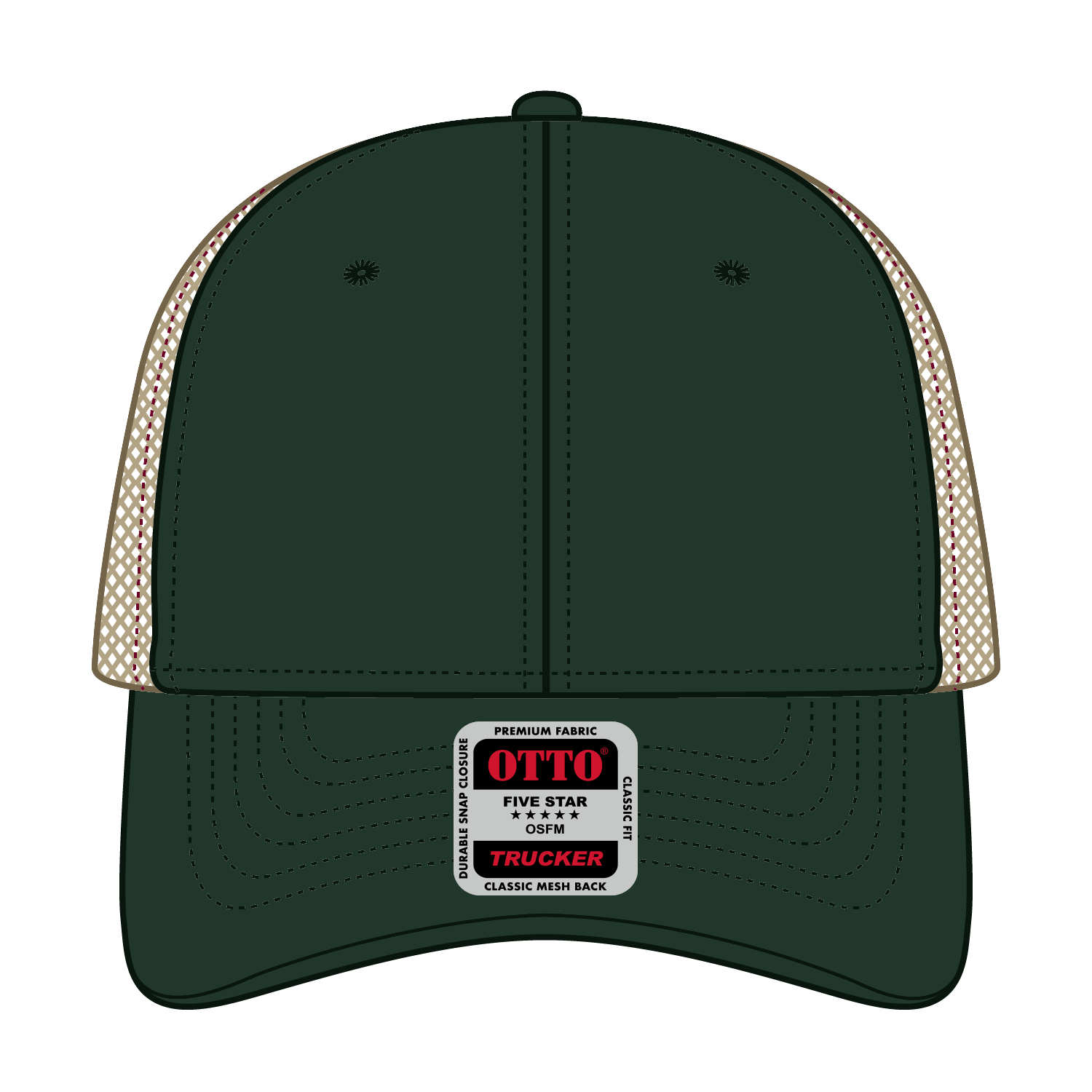 Front View of 171732 - Dk.Grn/Dk.Grn/Kha OTTO CAP 6 Panel Low Profile Mesh Back Trucker Hat