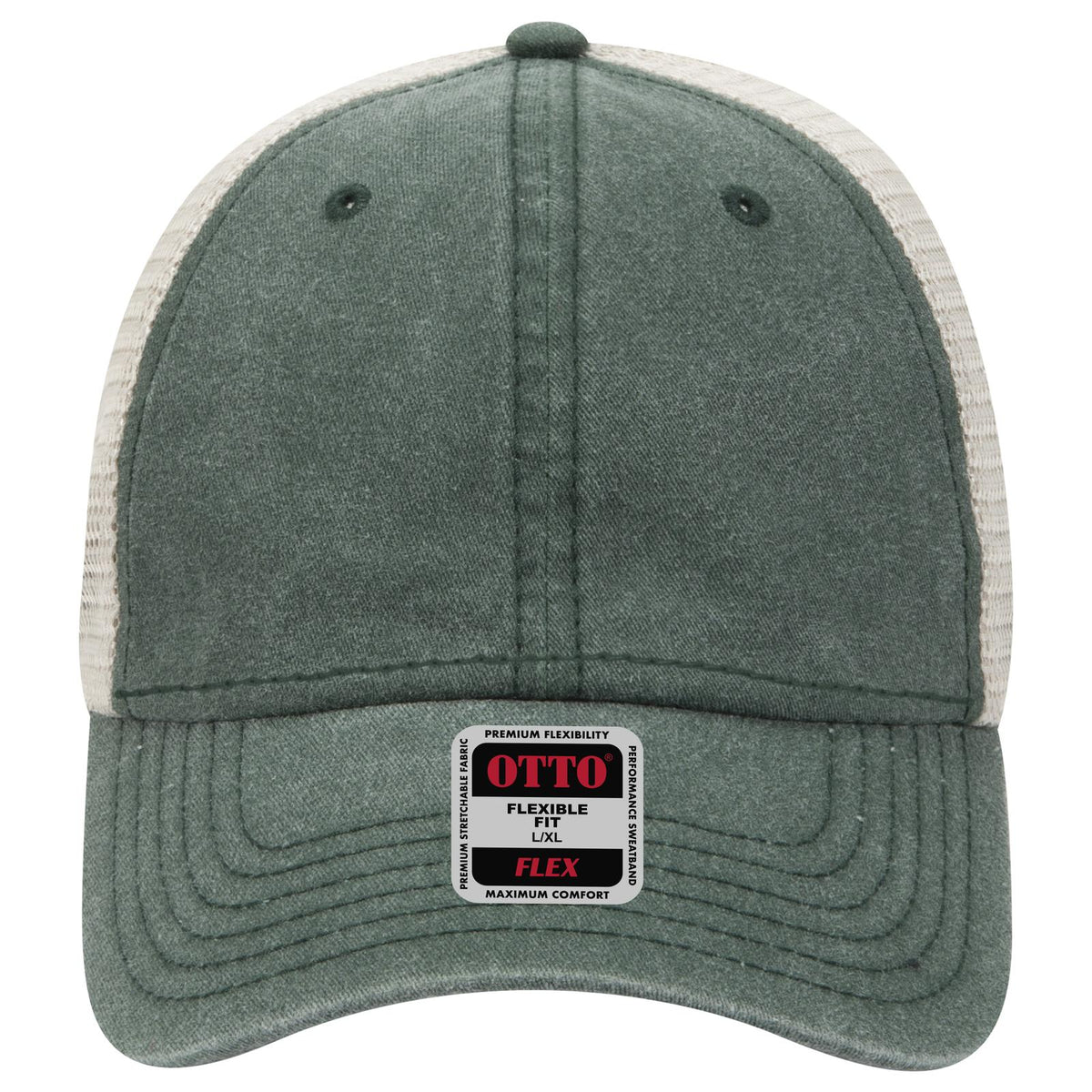 Front View of 171732 - Dk.Grn/Dk.Grn/Kha OTTO CAP "OTTO FLEX" Fitted 6 Panel Low Profile Mesh Back Trucker Hat