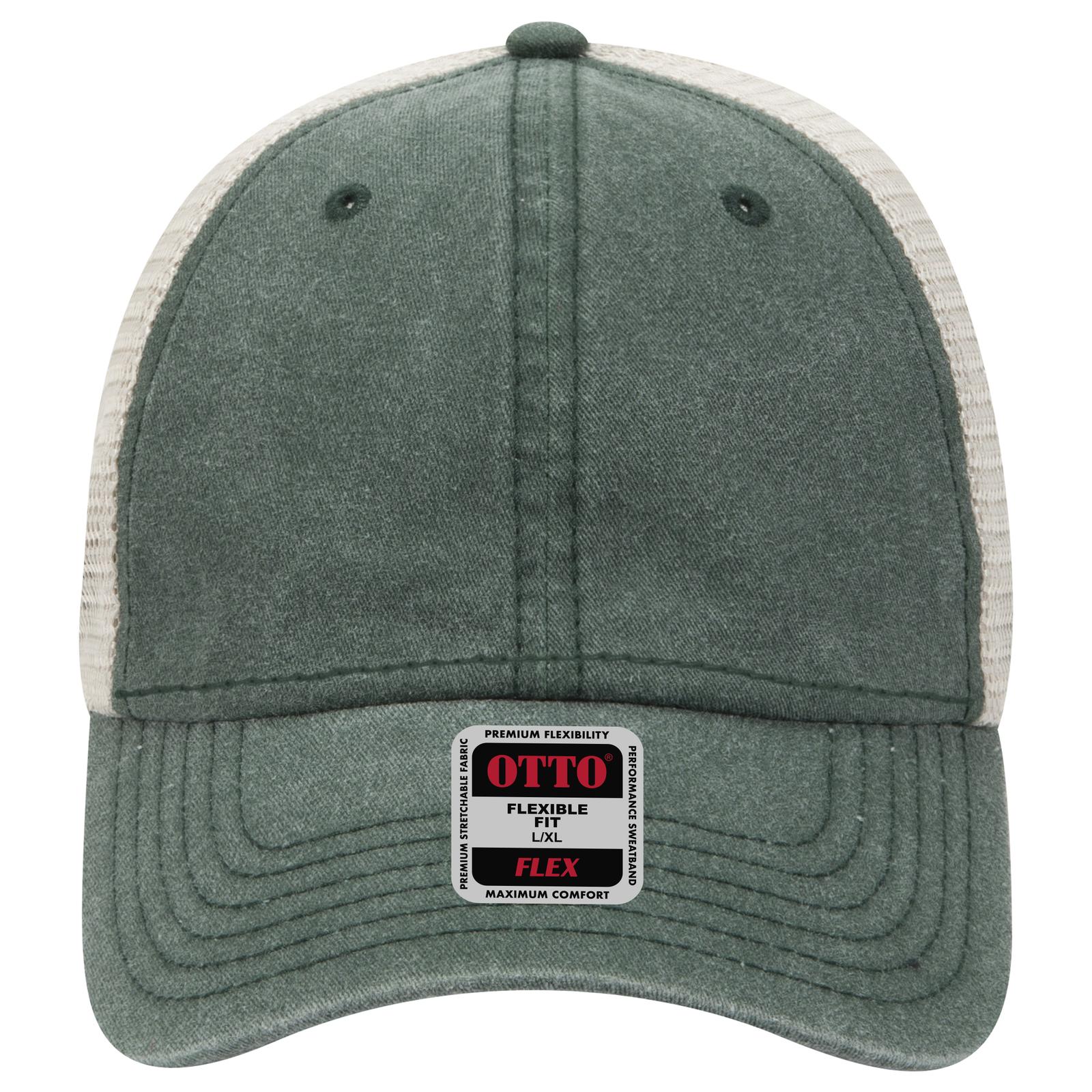 Front View of 171732 - Dk.Grn/Dk.Grn/Kha OTTO CAP "OTTO FLEX" Fitted 6 Panel Low Profile Mesh Back Trucker Hat