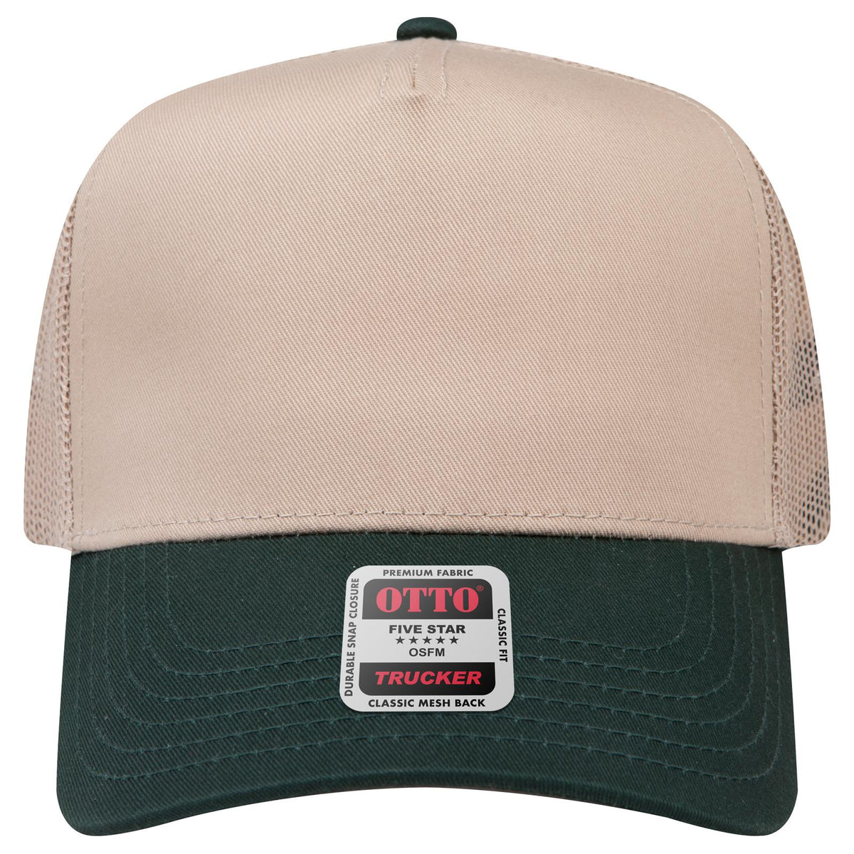 Front View of 1732 - Dk.Grn/Kha OTTO CAP 5 Panel Mid Profile Mesh Back Trucker Hat