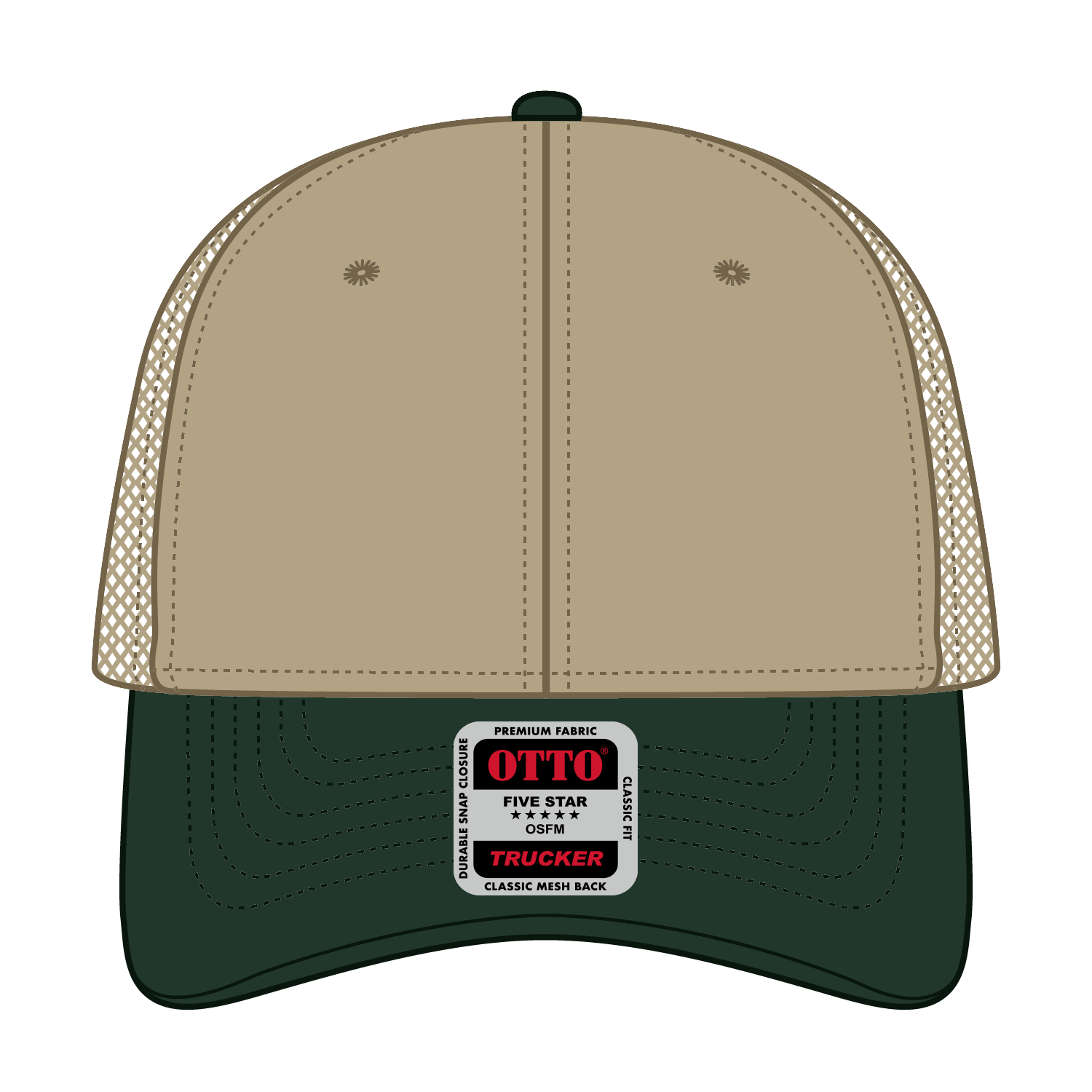 Front View of 1732 - Dk.Grn/Kha OTTO CAP 6 Panel Low Profile Mesh Back Trucker Hat