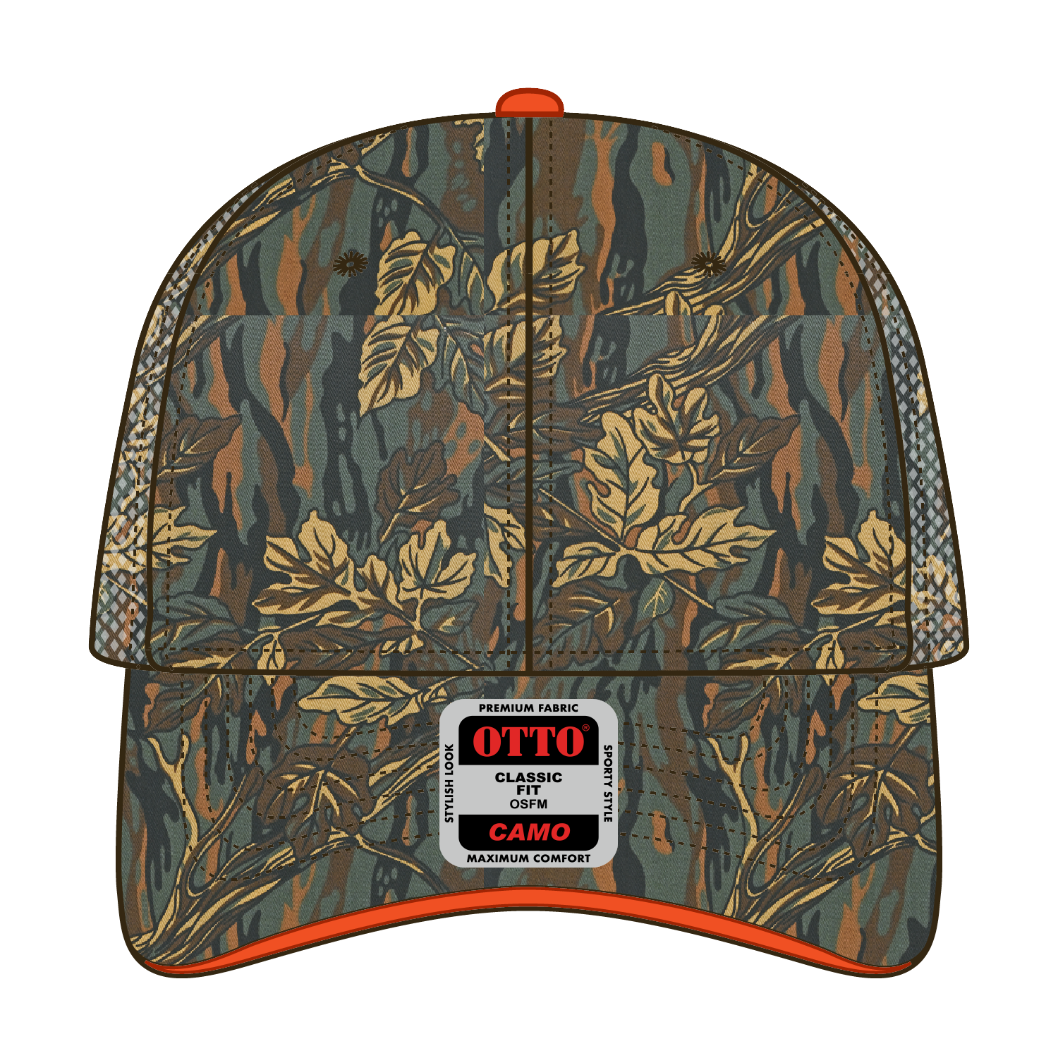 Front View of 173207 - Dk.Grn/Kha/Brn OTTO CAP Camouflage 6 Panel Low Profile Mesh Back Trucker Hat