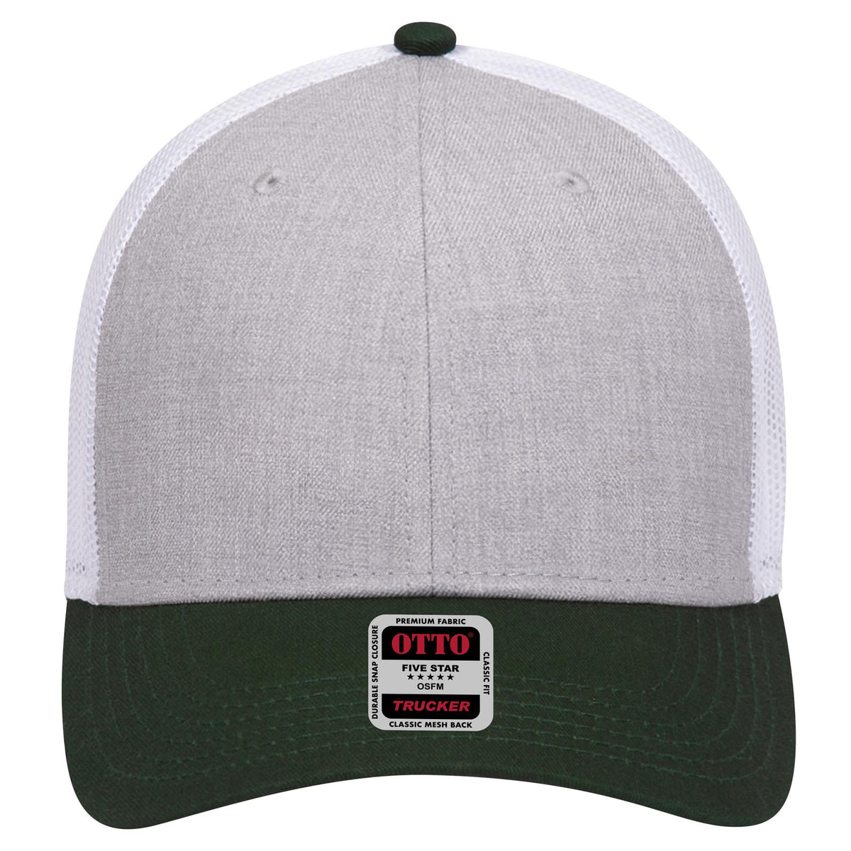 Front View of 177416 - DarkGreen/HeatherGray/White OTTO CAP 6 Panel Low Profile Mesh Back Trucker Hat