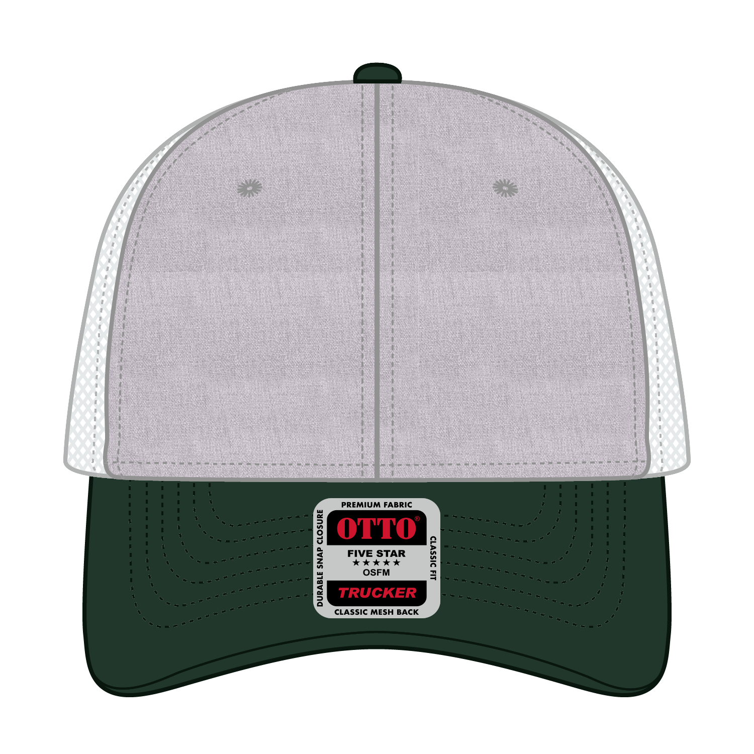 Front View of 177416 - DarkGreen/HeatherGray/White OTTO CAP 6 Panel Low Profile Mesh Back Trucker Hat