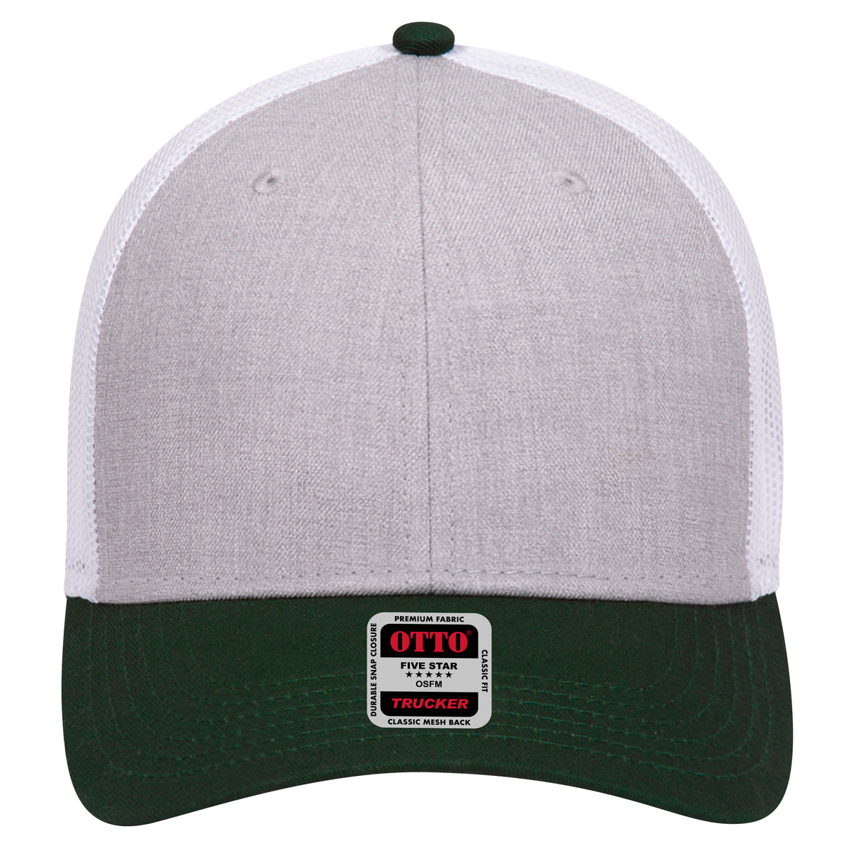Front View of 177416 - DarkGreen/HeatherGray/White OTTO CAP 6 Panel Low Profile Mesh Back Trucker Hat