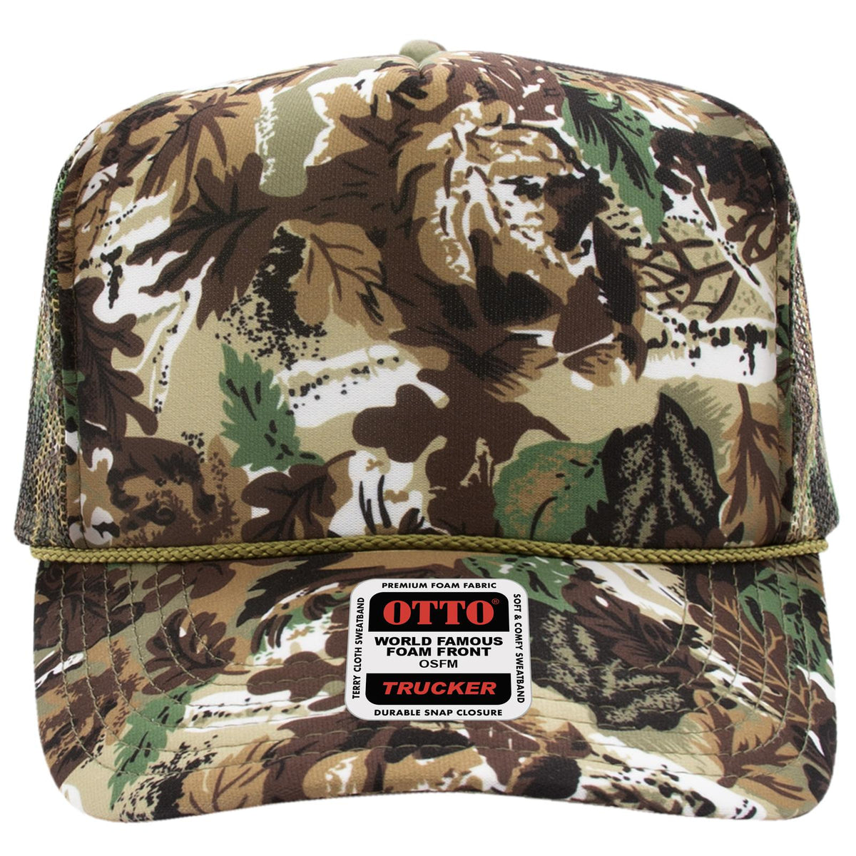 Front View of 180705 - Lt.Lod/Brn/Kly OTTO CAP 5 Panel High Crown Mesh Back Trucker Hat
