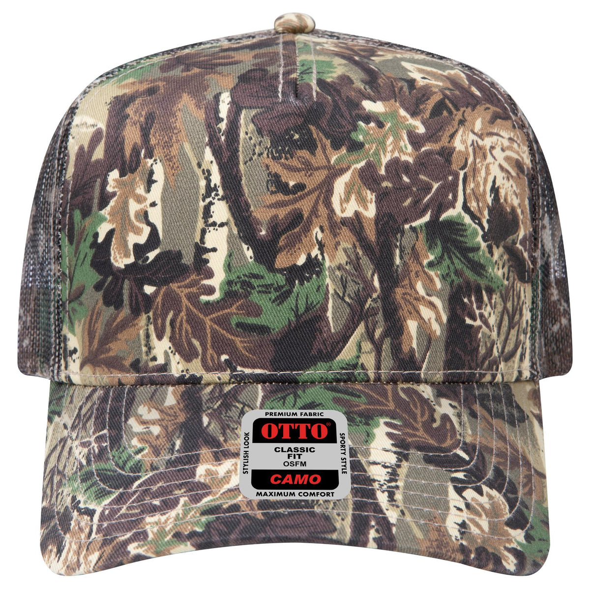 Front View of 180705 - Lt.Lod/Brn/Kly OTTO CAP Camouflage 5 Panel Mid Profile Mesh Back Trucker Hat