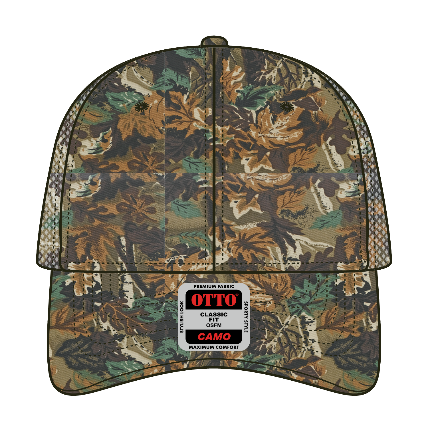 Front View of 180705 - Lt.Lod/Brn/Kly OTTO CAP Camouflage 6 Panel Low Profile Mesh Back Trucker Hat