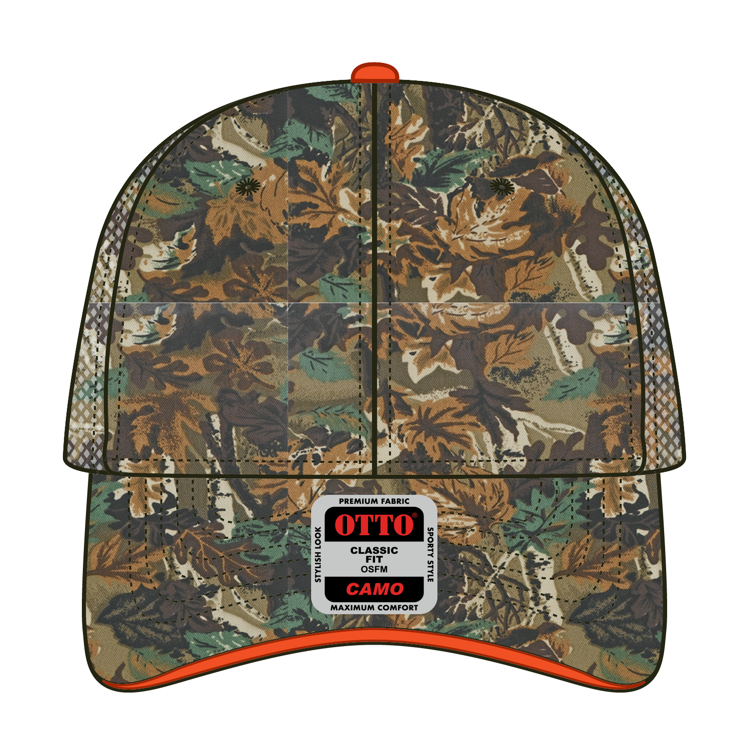 Front View of 180705 - Lt.Lod/Brn/Kly OTTO CAP Camouflage 6 Panel Low Profile Mesh Back Trucker Hat