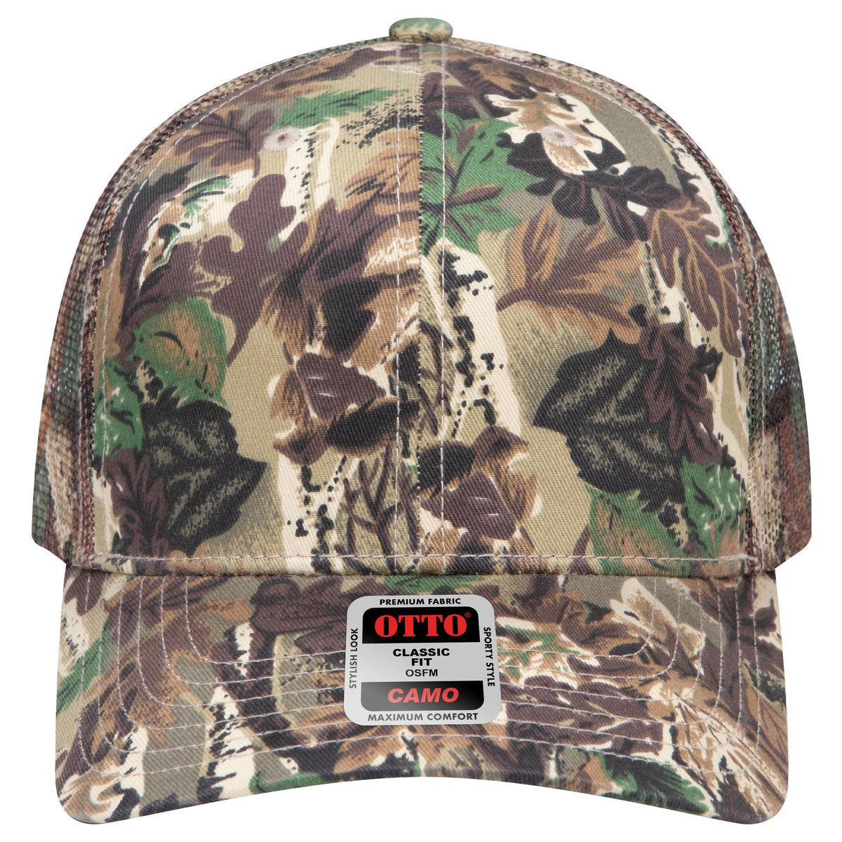 Front View of 180705 - Lt.Lod/Brn/Kly OTTO CAP Camouflage 6 Panel Mid Profile Mesh Back Trucker Hat